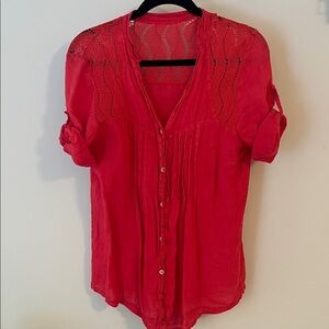 Woman’s Coral Button Down Blouse with Short Sleeves